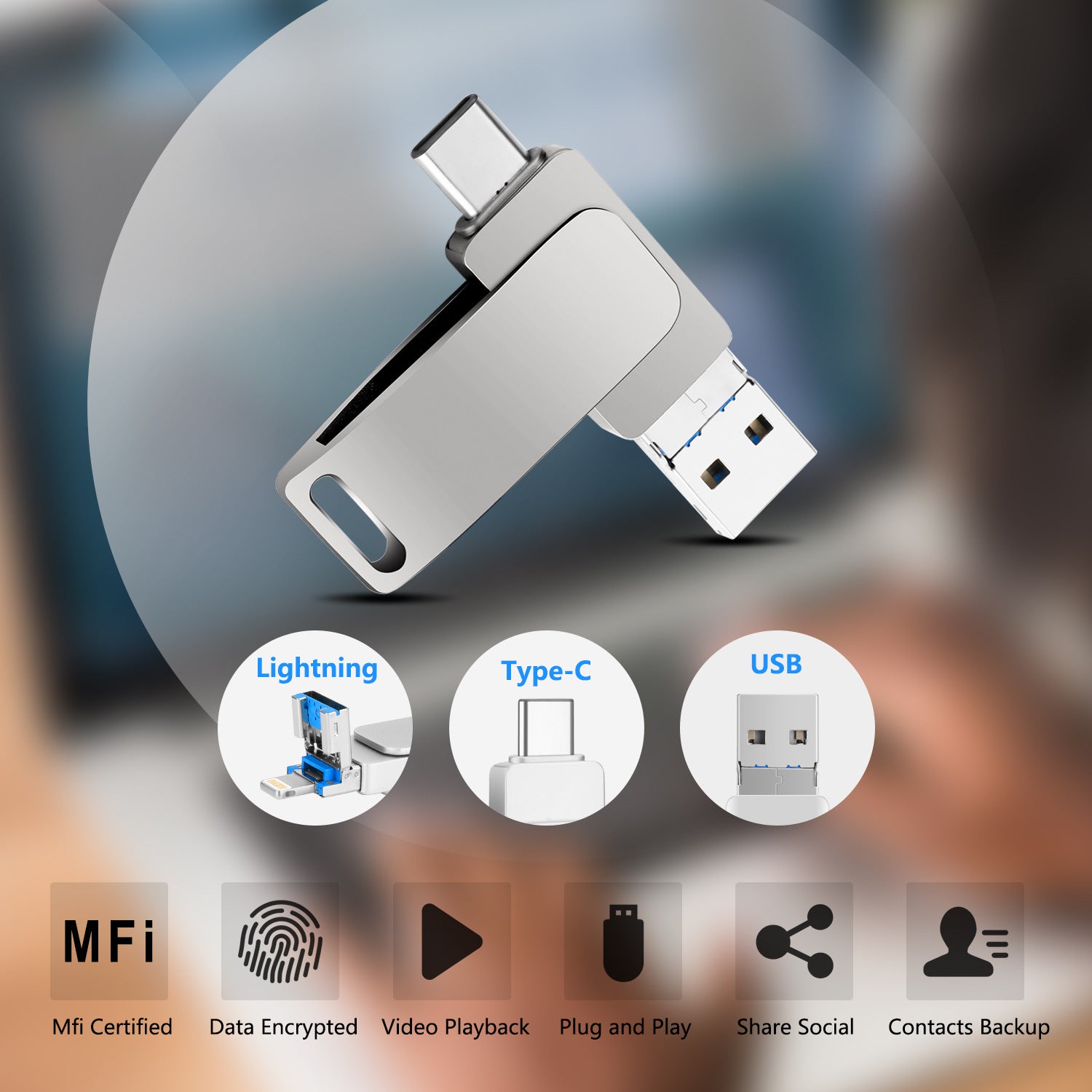 Multifunctional Metal Rotating Usb Flash Drive For iphone/Android/PC