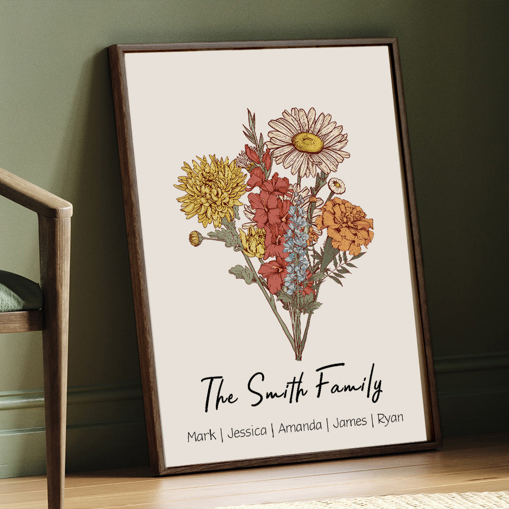 50%OFF⭐️Birth Flower Family Bouquet Personalized Names Frame⭐️