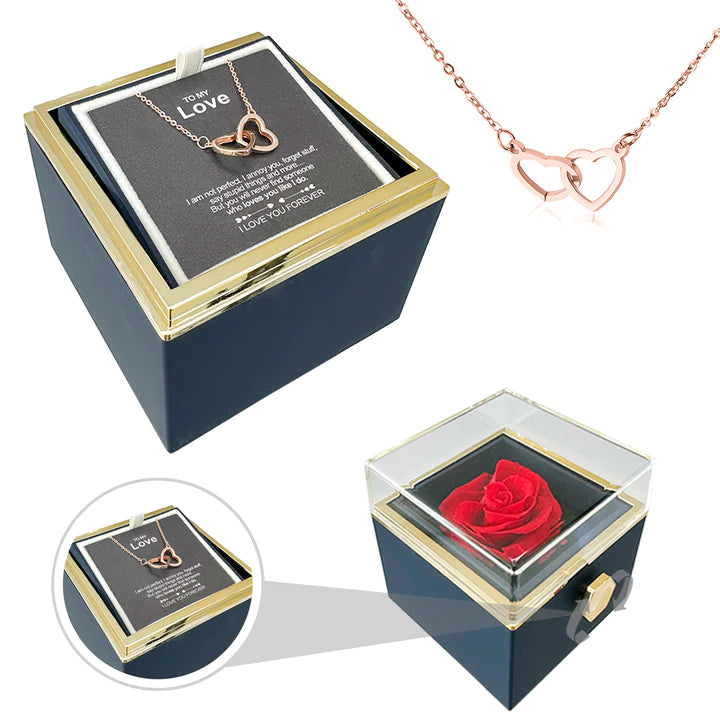 ETERNALLY PRESERVED ROTATING ROSE BOX -  ENGRAVED HEART NECKLACE