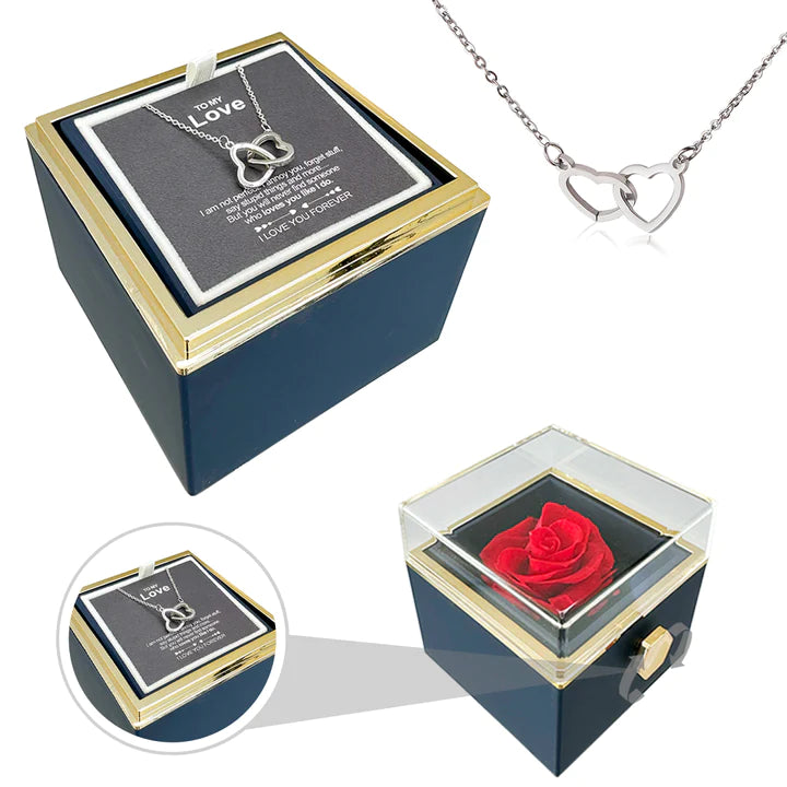 ETERNALLY PRESERVED ROTATING ROSE BOX -  ENGRAVED HEART NECKLACE