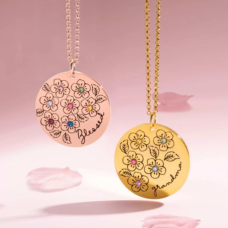 Personalized Engraved Birthday Flower Necklace