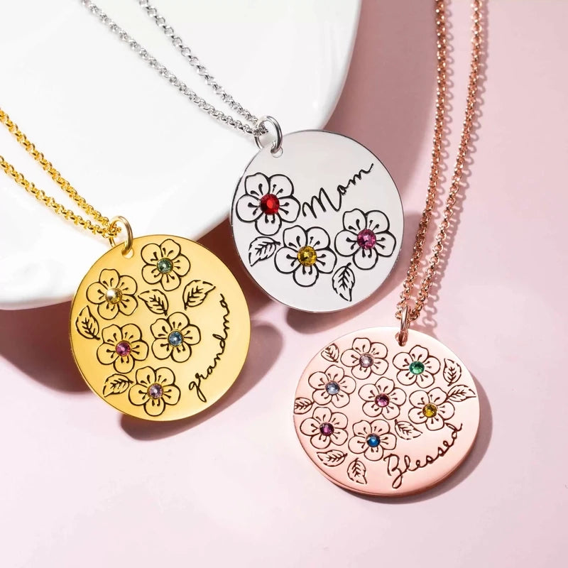 Personalized Engraved Birthday Flower Necklace