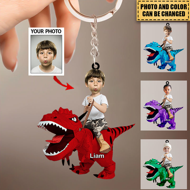 Custom Kid Rides the Dinosaurs Keychain