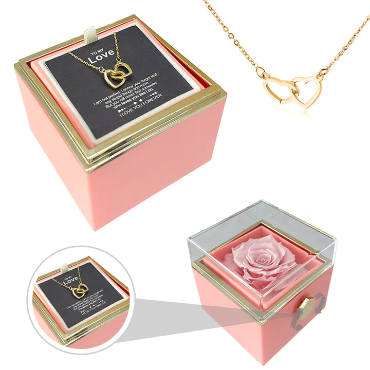 ETERNALLY PRESERVED ROTATING ROSE BOX -  ENGRAVED HEART NECKLACE