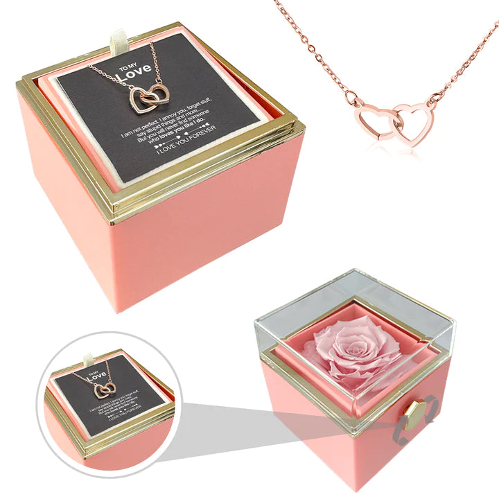 ETERNALLY PRESERVED ROTATING ROSE BOX -  ENGRAVED HEART NECKLACE