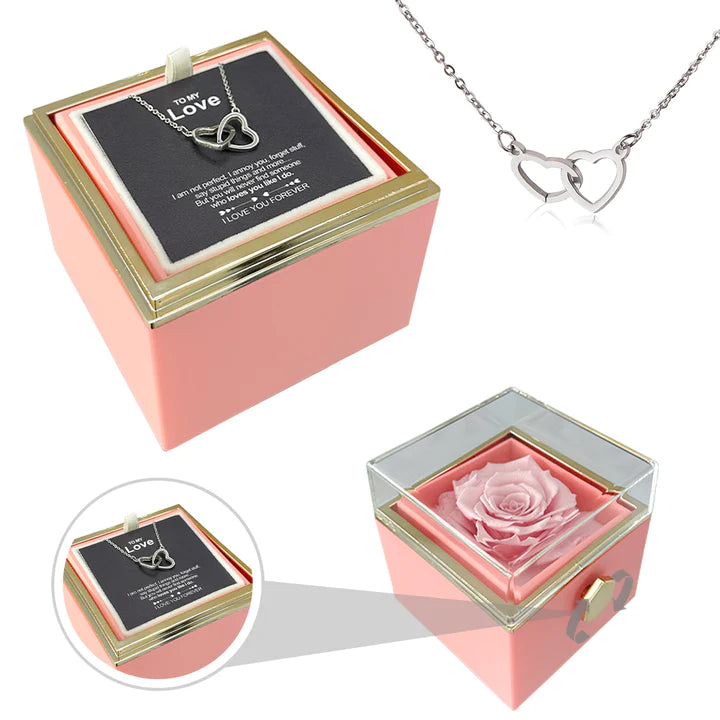 ETERNALLY PRESERVED ROTATING ROSE BOX -  ENGRAVED HEART NECKLACE