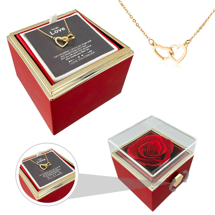 ETERNALLY PRESERVED ROTATING ROSE BOX -  ENGRAVED HEART NECKLACE