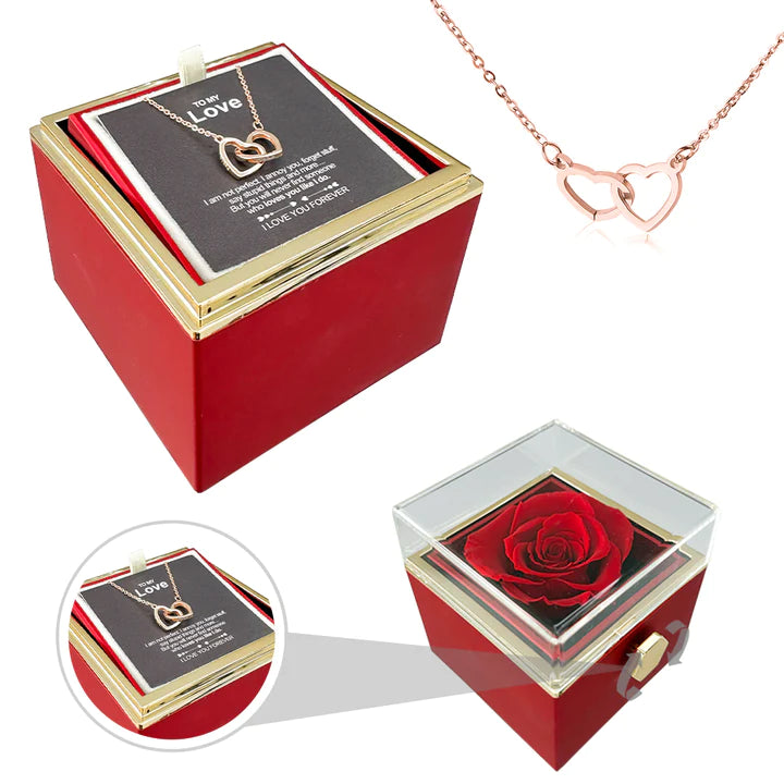 ETERNALLY PRESERVED ROTATING ROSE BOX -  ENGRAVED HEART NECKLACE