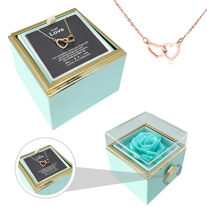 ETERNALLY PRESERVED ROTATING ROSE BOX -  ENGRAVED HEART NECKLACE