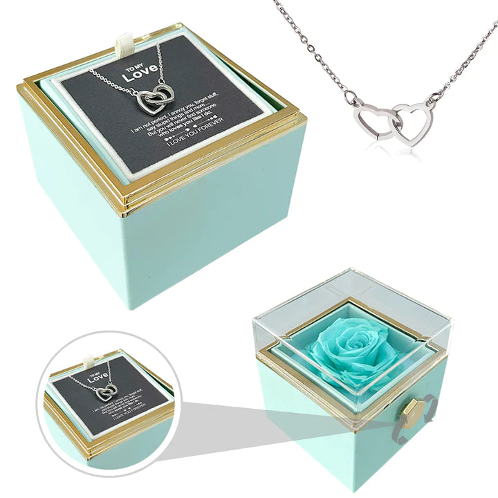 ETERNALLY PRESERVED ROTATING ROSE BOX -  ENGRAVED HEART NECKLACE