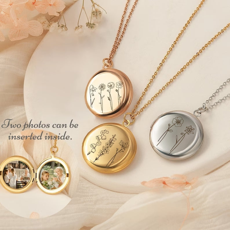 Christmas Personalized Gifts Birth Flower Photo Necklace