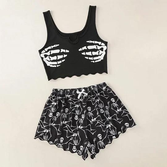 Fashion Skull Print Camis Top Suit Set