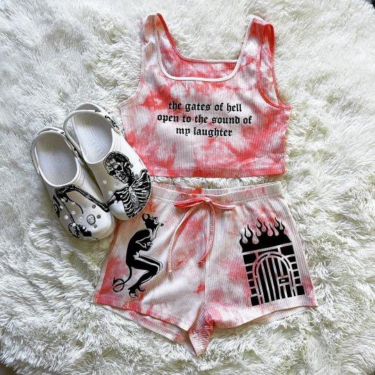 Letter Print Tie-dye Sexy Tank Top Set