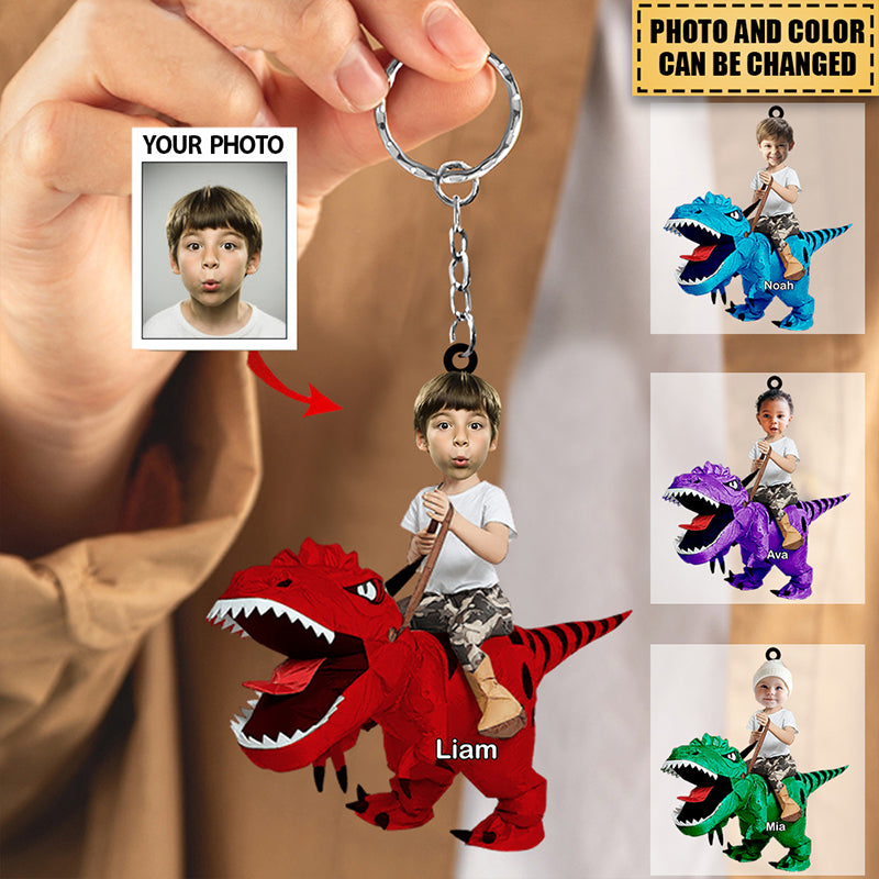 Custom Kid Rides the Dinosaurs Keychain