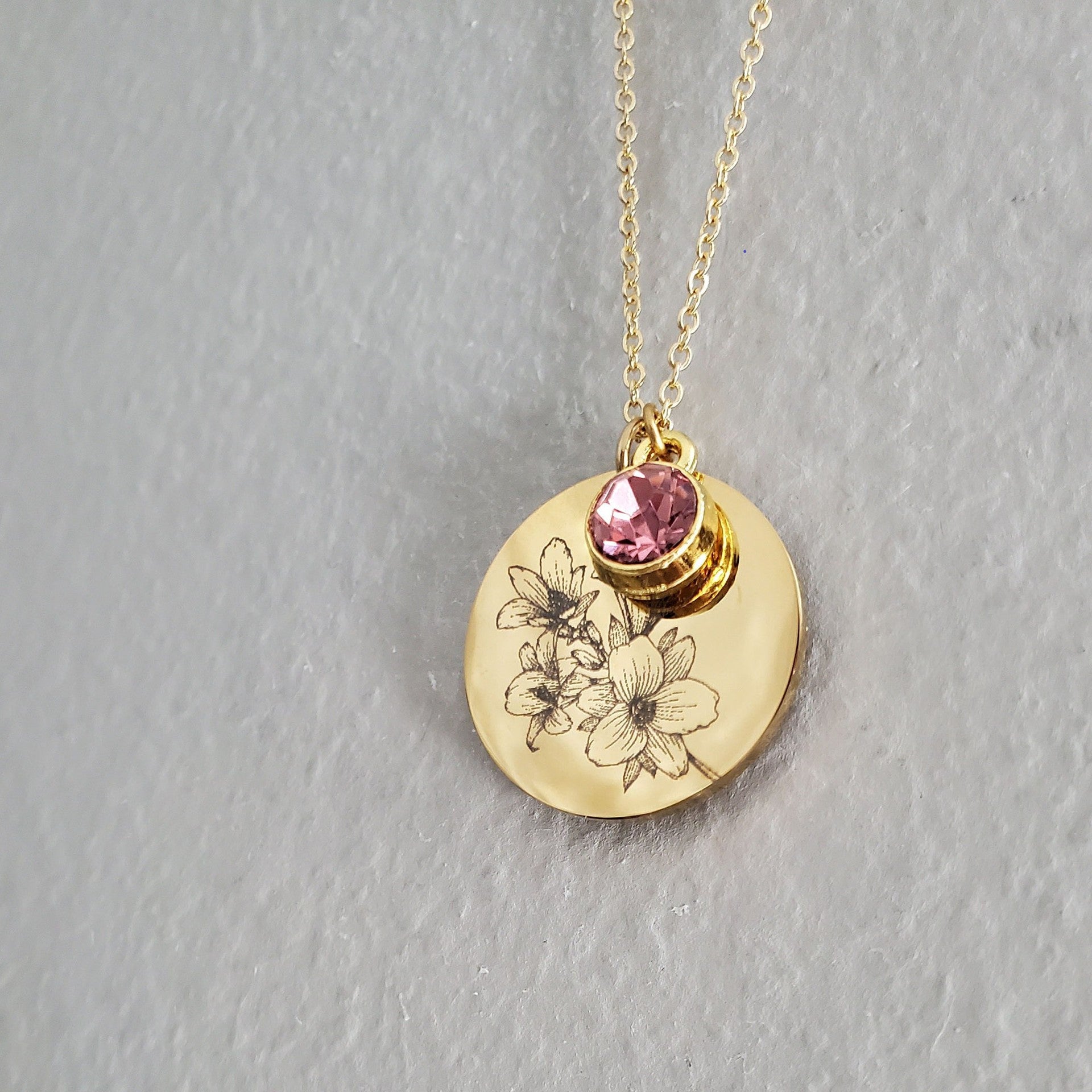 Custom Round Sketch Birth Month Flower Necklace