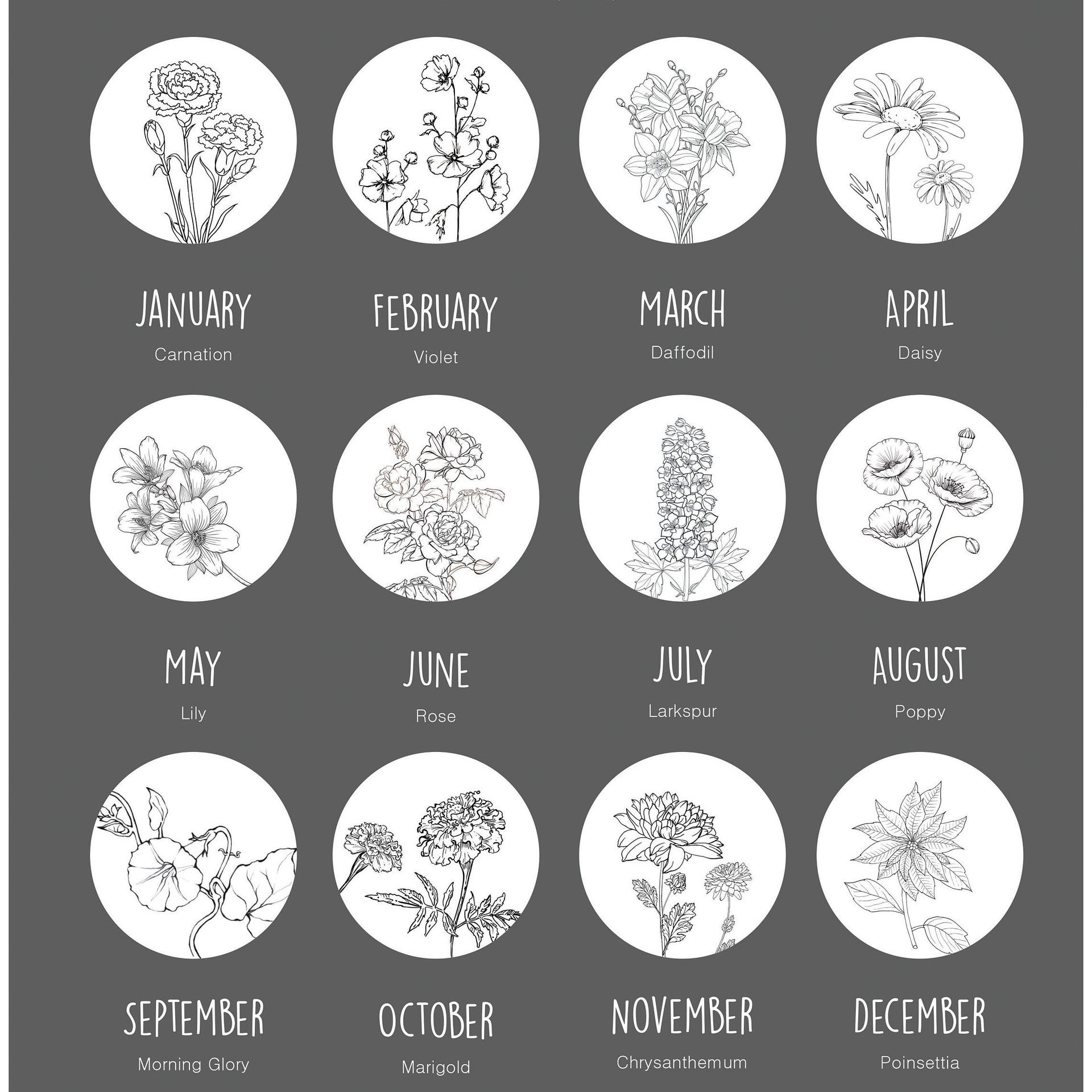 Custom Round Sketch Birth Month Flower Necklace