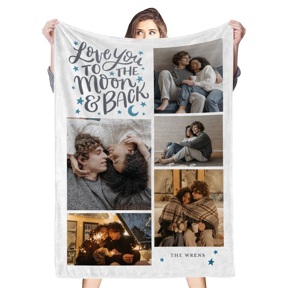 Custom 5 Photos&Text Fleece Blanket Love To The Moon