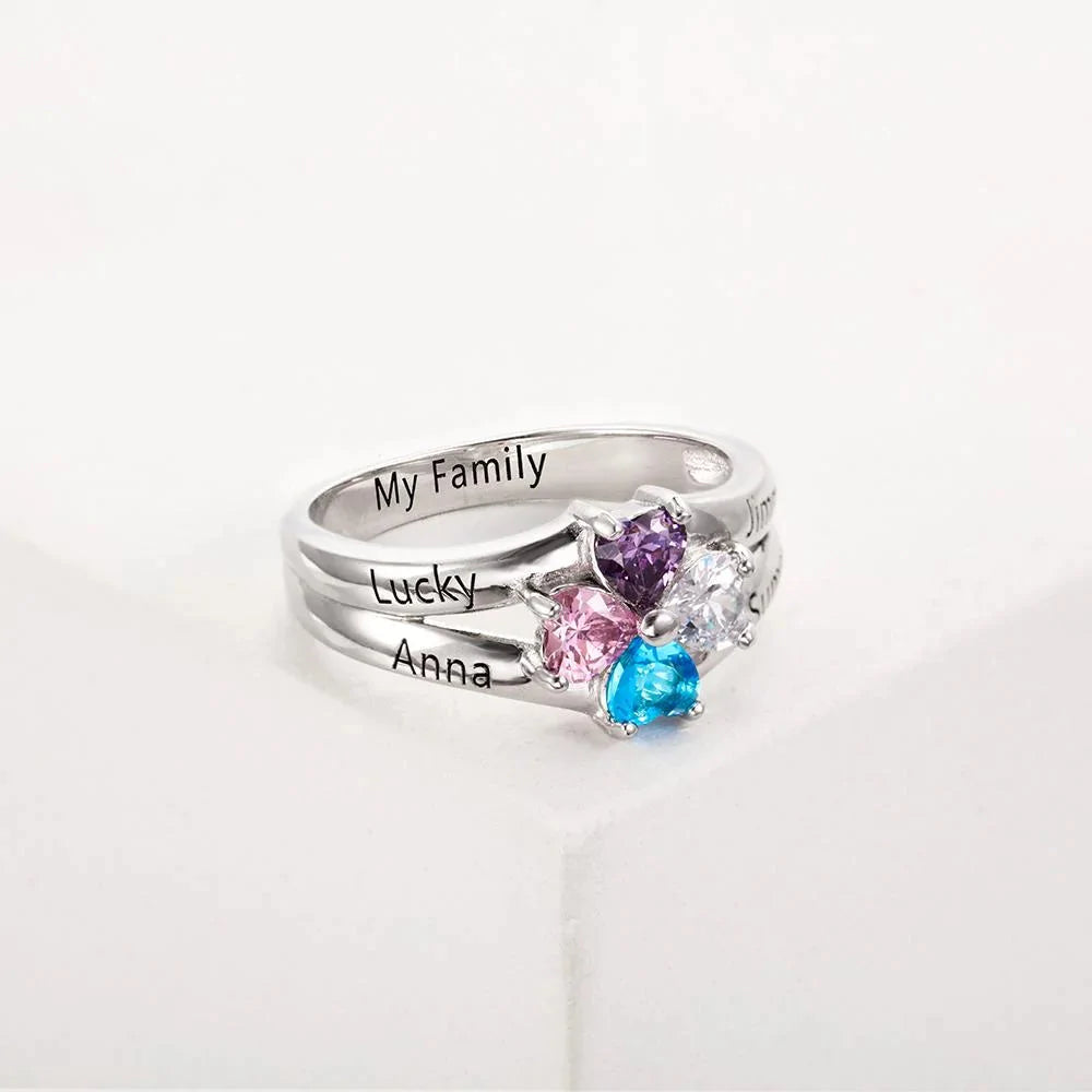 Custom Engarving Heart Birthstone Flower Ring