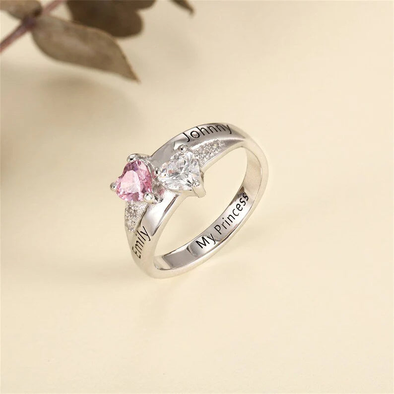 Custom Engarving Heart Birthstone Flower Ring