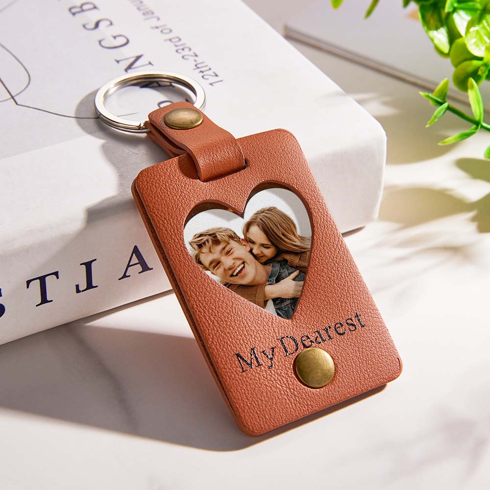 Custom Photo Engraved Keychains Heart-shaped Leather Gifts for Couple