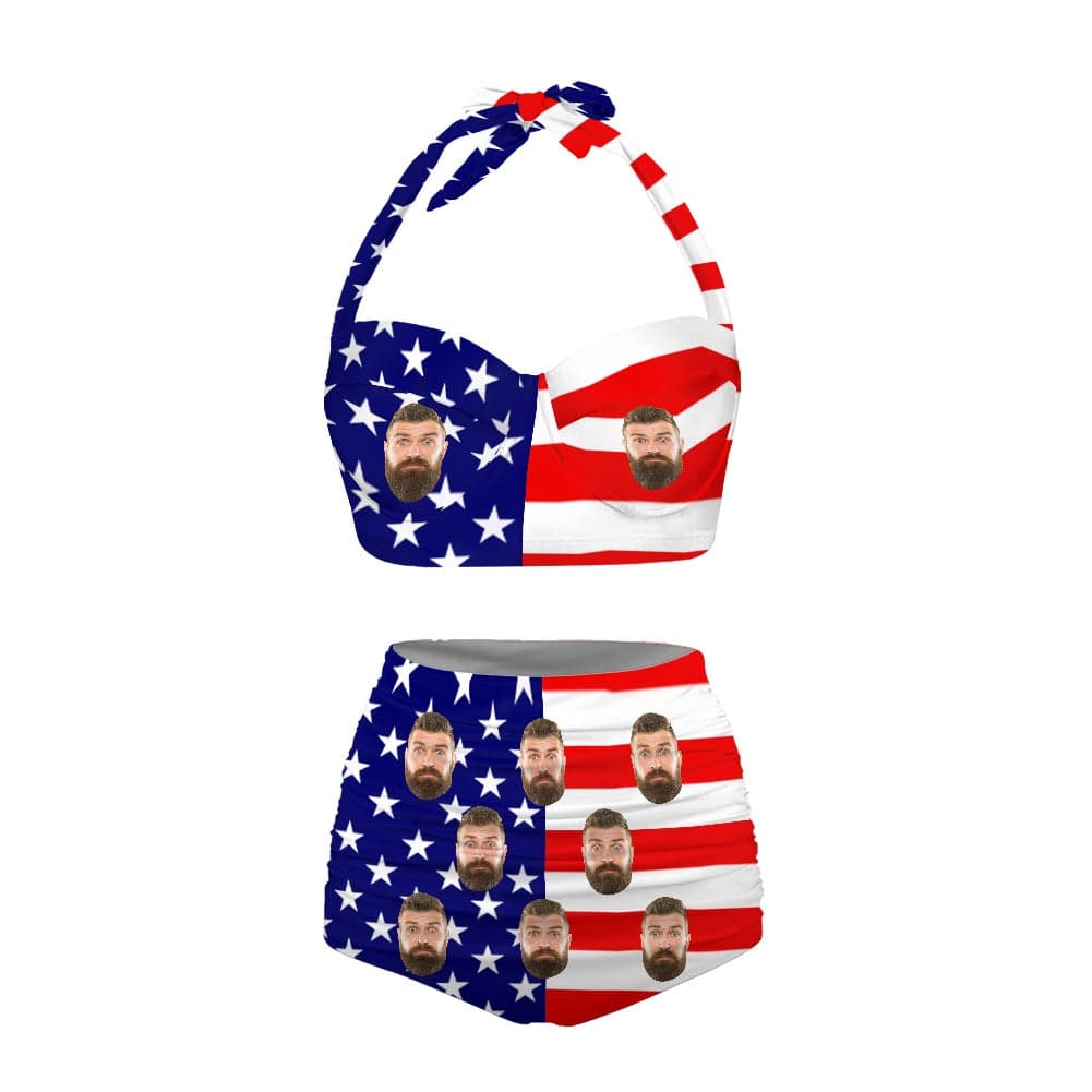 Custom Face Stars and Stripes Strap Personalized Two-piece Bikini Swimsuit