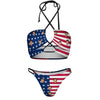 Custom Face American Flag Swimsuit Self Tie Halter Neck Straps Cross Strap Bikini