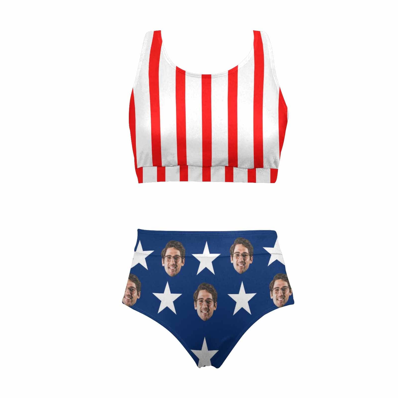 Custom Face American Flag Style High Crew Neck High Waisted Bikini Personalized Women's Two Piece Swimsuit Beach Outfits