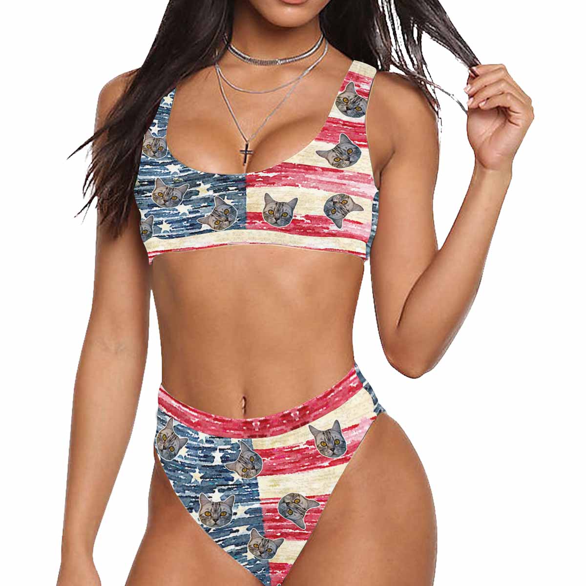 Custom Face Flag Scoop Neck Sport Top High Waisted Bikini Personalized Women's Two Piece Swimsuit Beach Outfits