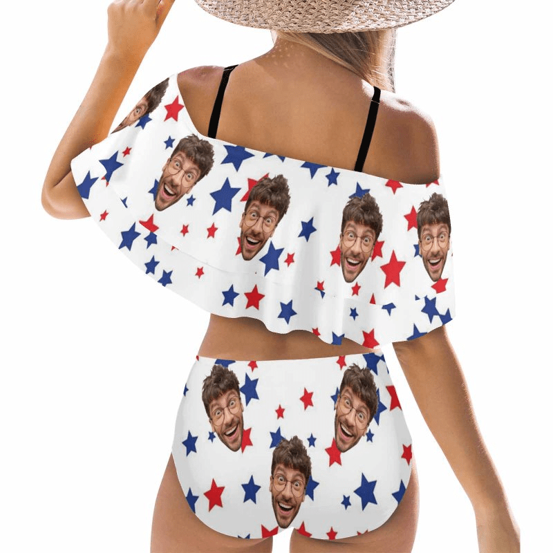 Custom Face Pentagram White Women's Two-Piece Off Shoulder or Sling 2 Ways to Wear Ruffle High Waisted Bikini Set