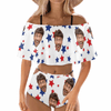 Custom Face Pentagram White Women's Two-Piece Off Shoulder or Sling 2 Ways to Wear Ruffle High Waisted Bikini Set