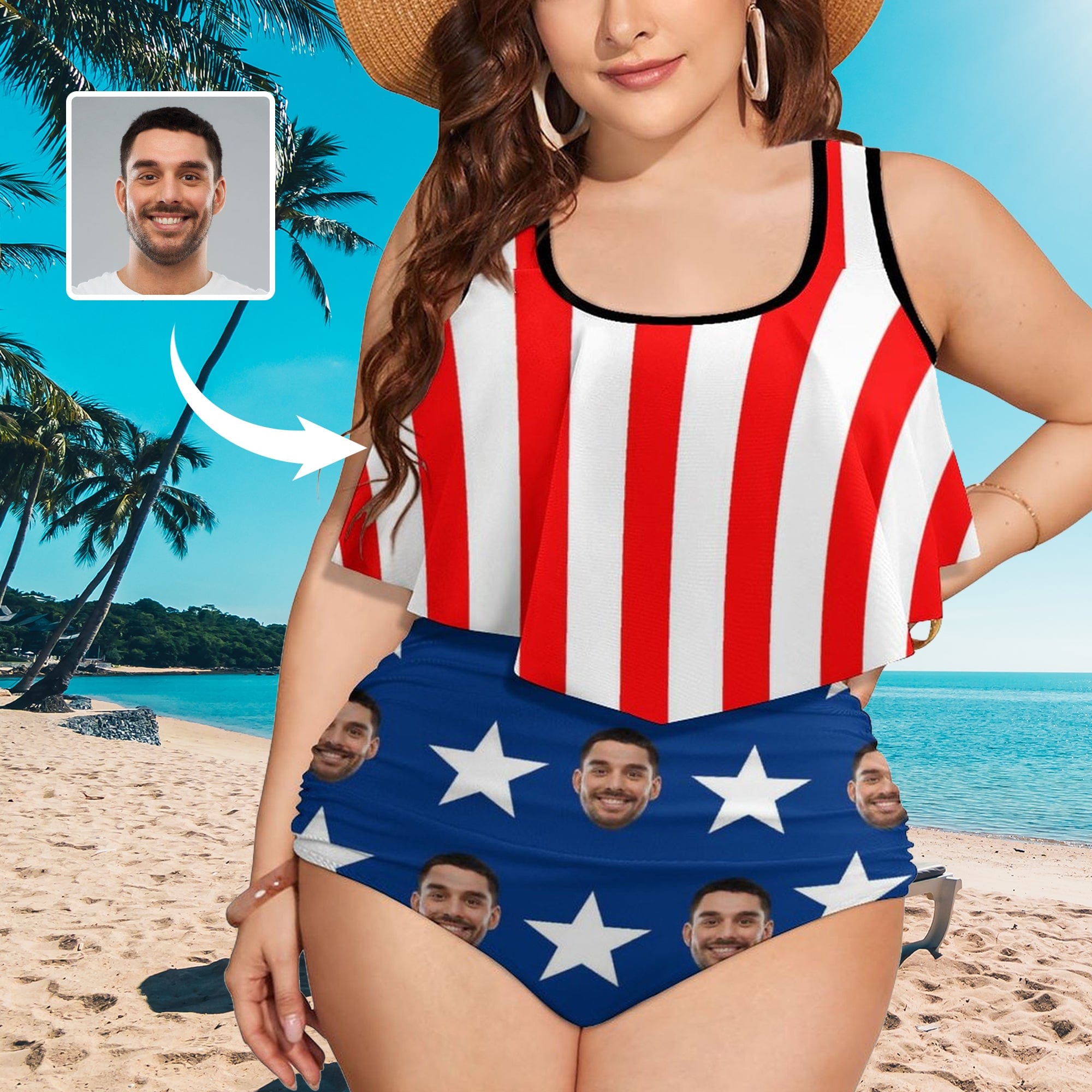 Plus Size Ruffle Tankini-Custom Face American Flag Plus Size Swimsuit