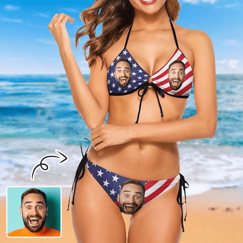 Custom Face American Flag Couple Matching Swimsuit