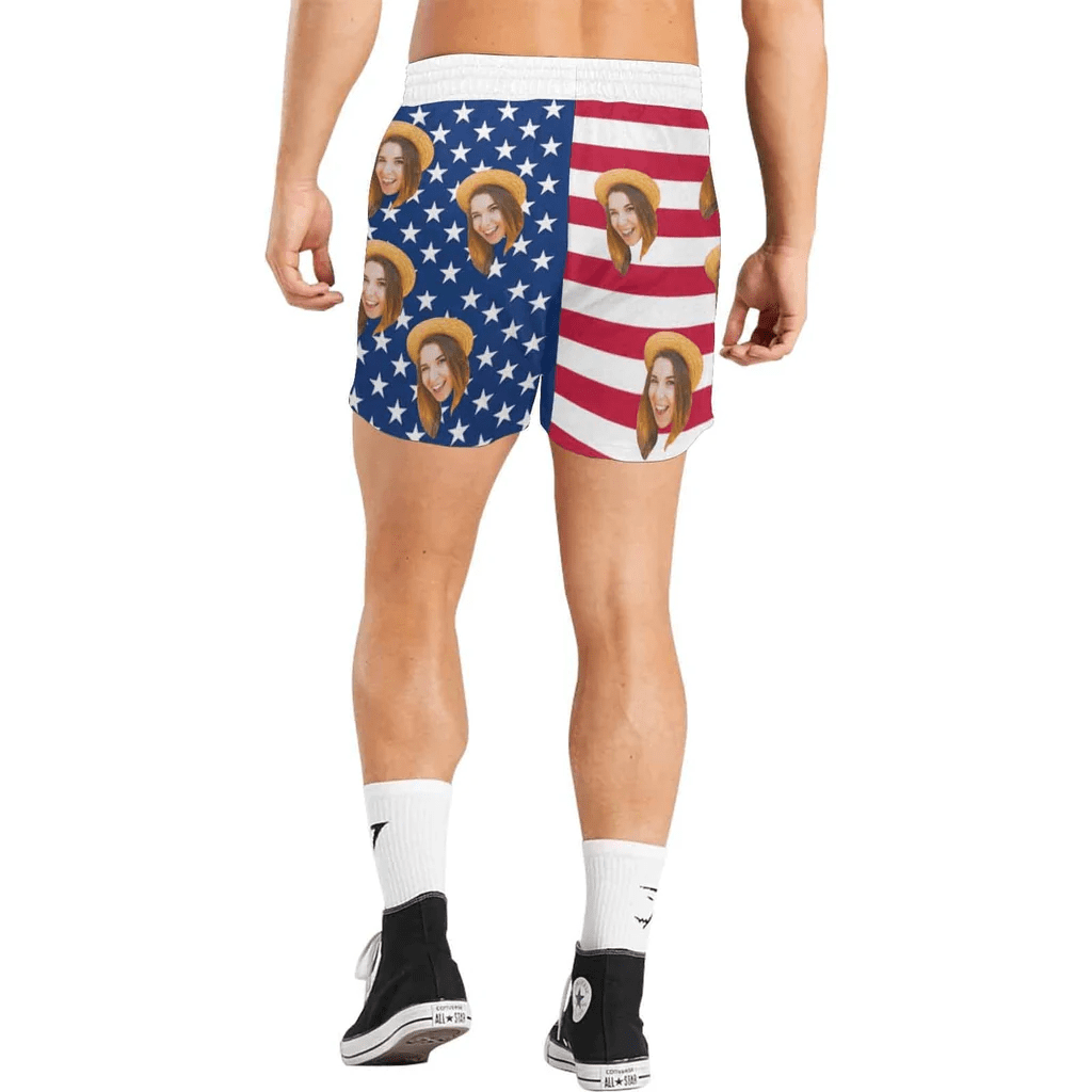 Custom Face American Flag Couple Matching Swimsuit