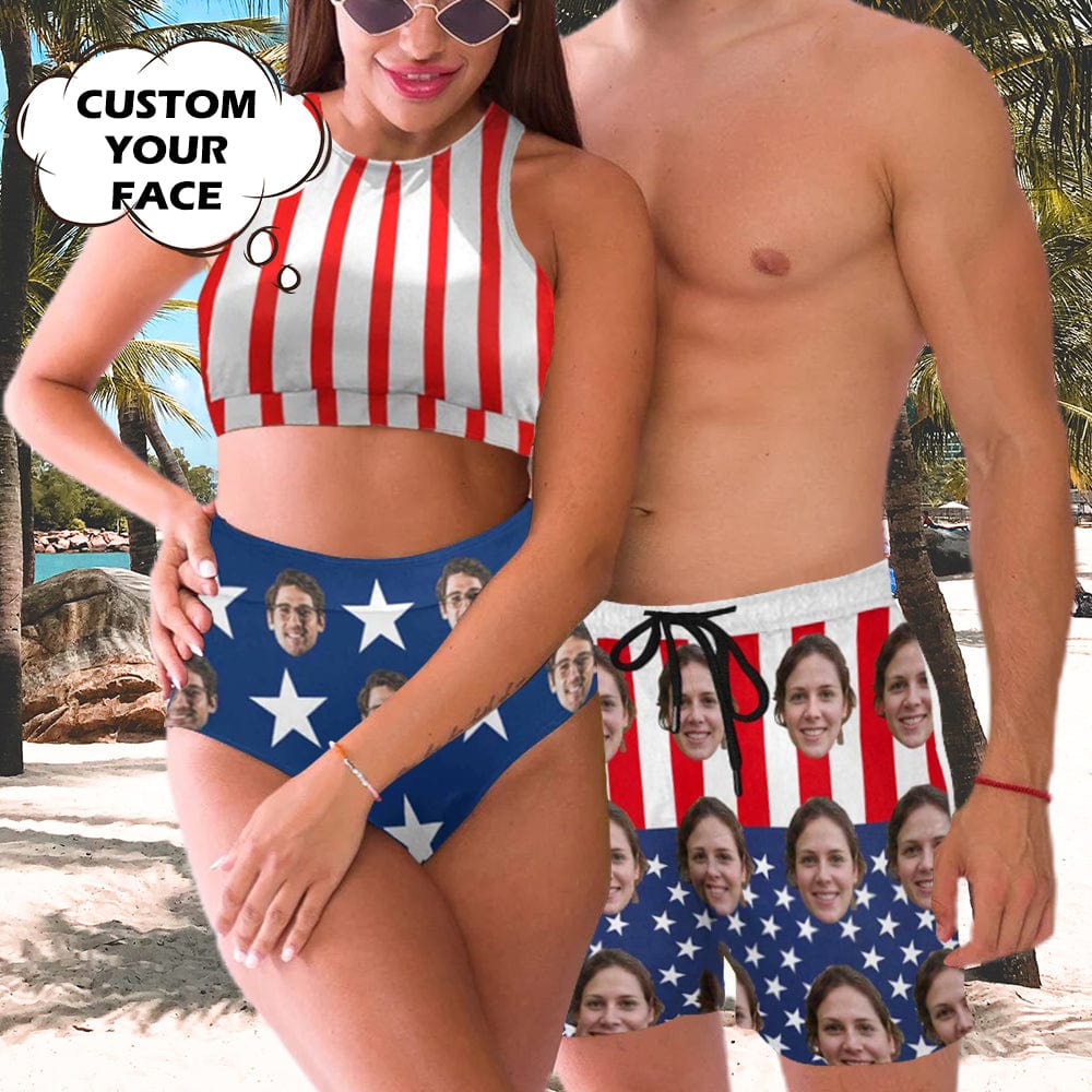 Custom Face American Flag Style Couple Matching Swimsuit