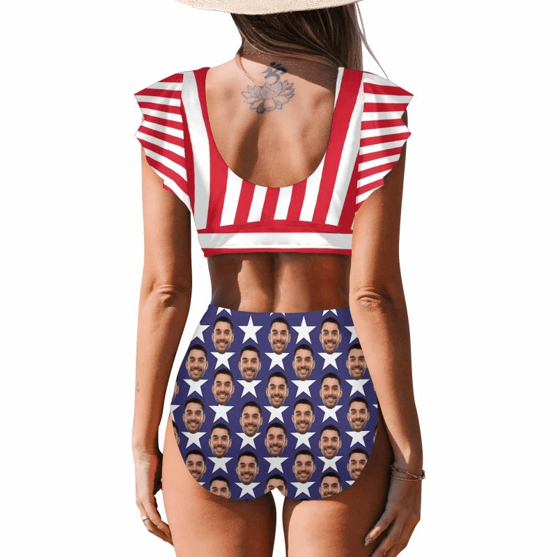 Custom Face American Flag Women Ruffle High Waisted Flounce Bikini Set