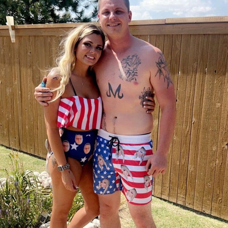 Custom Face Stripe Star Flag Couple Matching Print Swimsuit