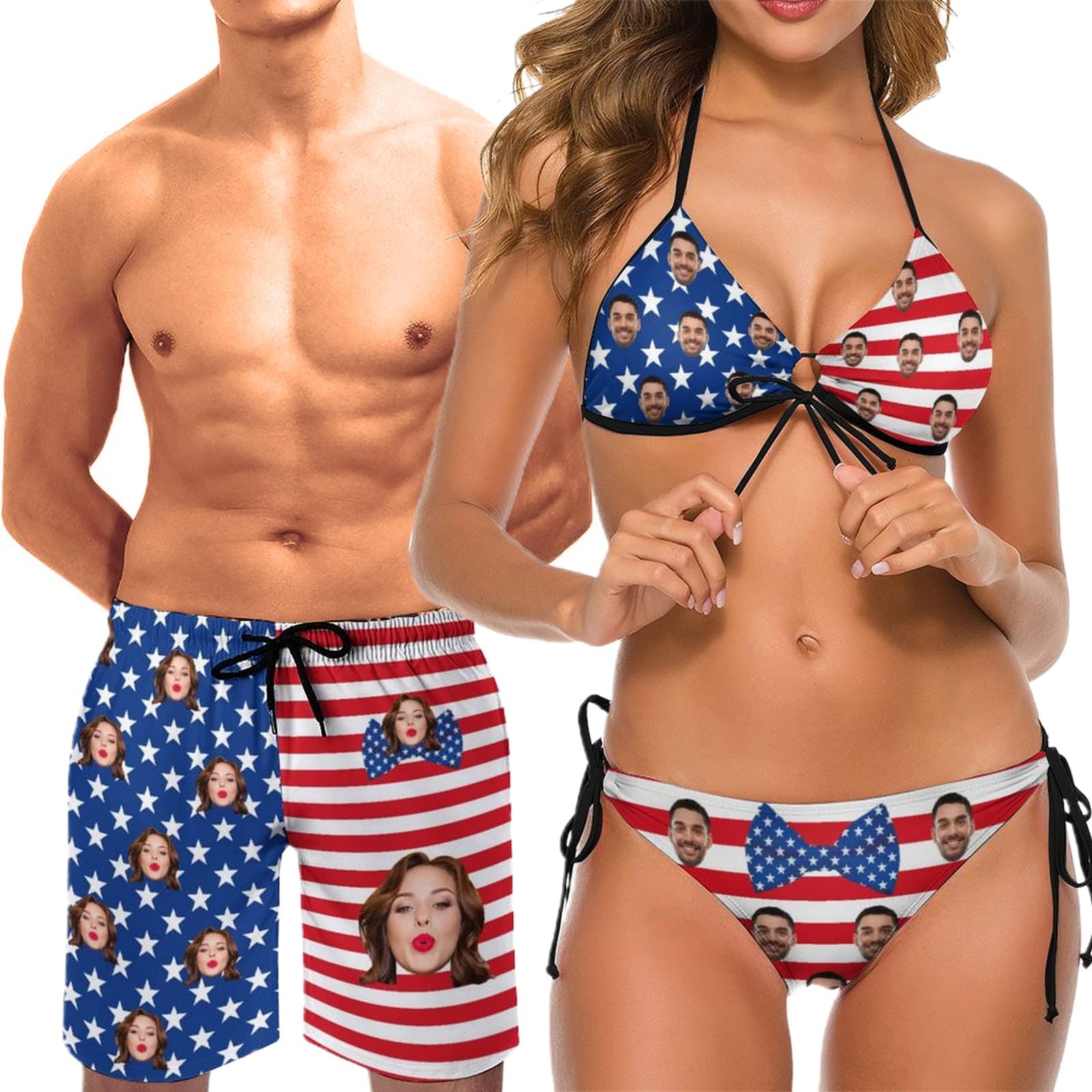 Custom Face American Flag Couple Matching Swimsuit