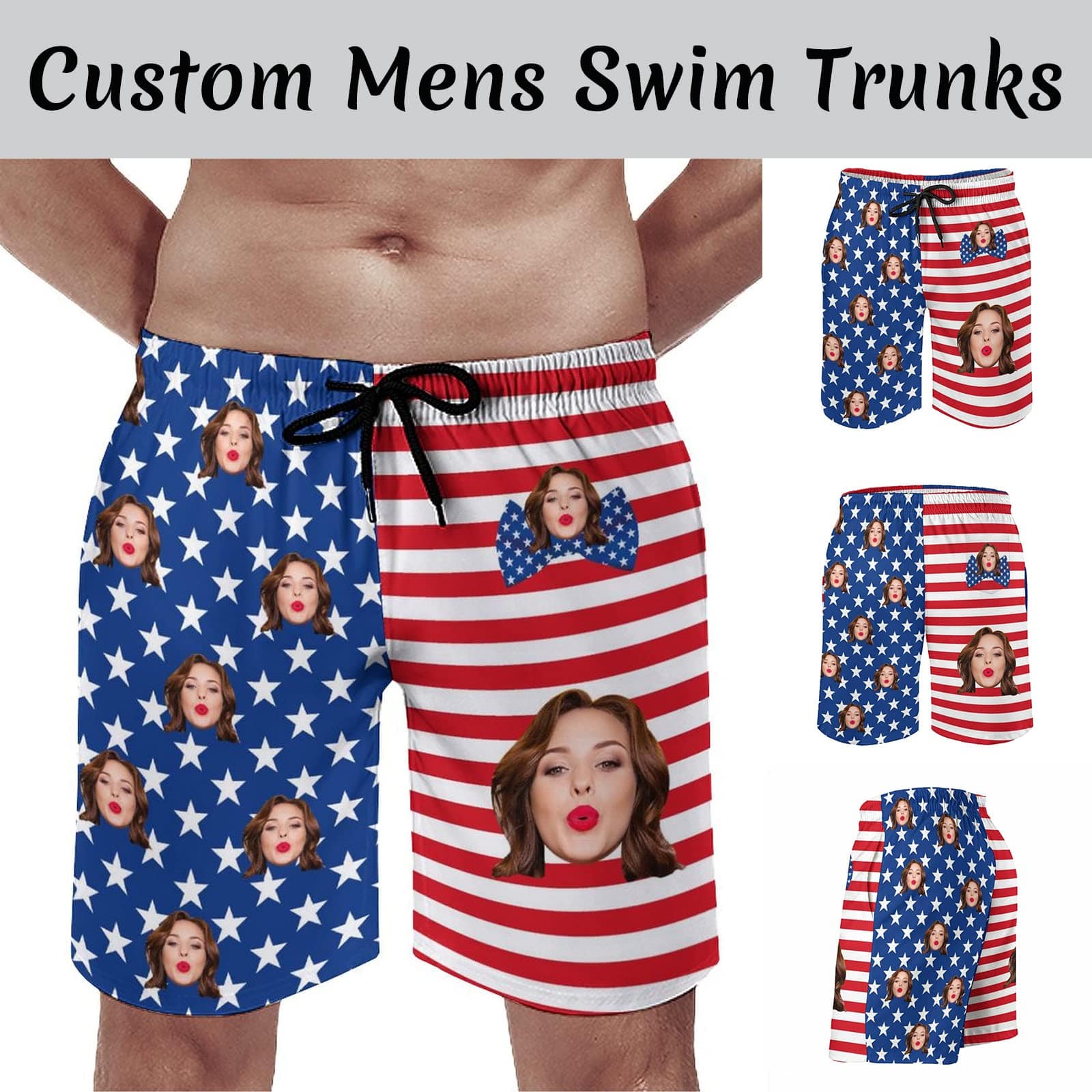 Custom Face American Flag Couple Matching Swimsuit