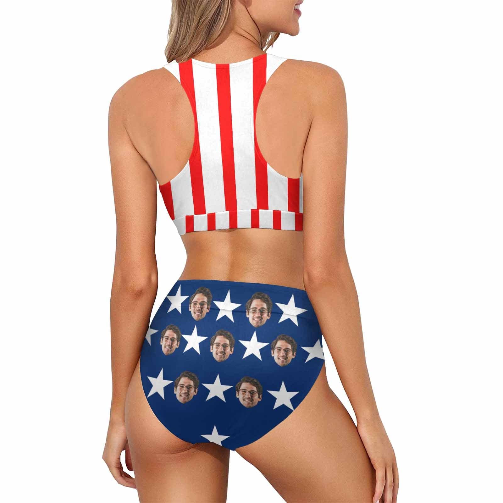 Custom Face American Flag Style Couple Matching Swimsuit