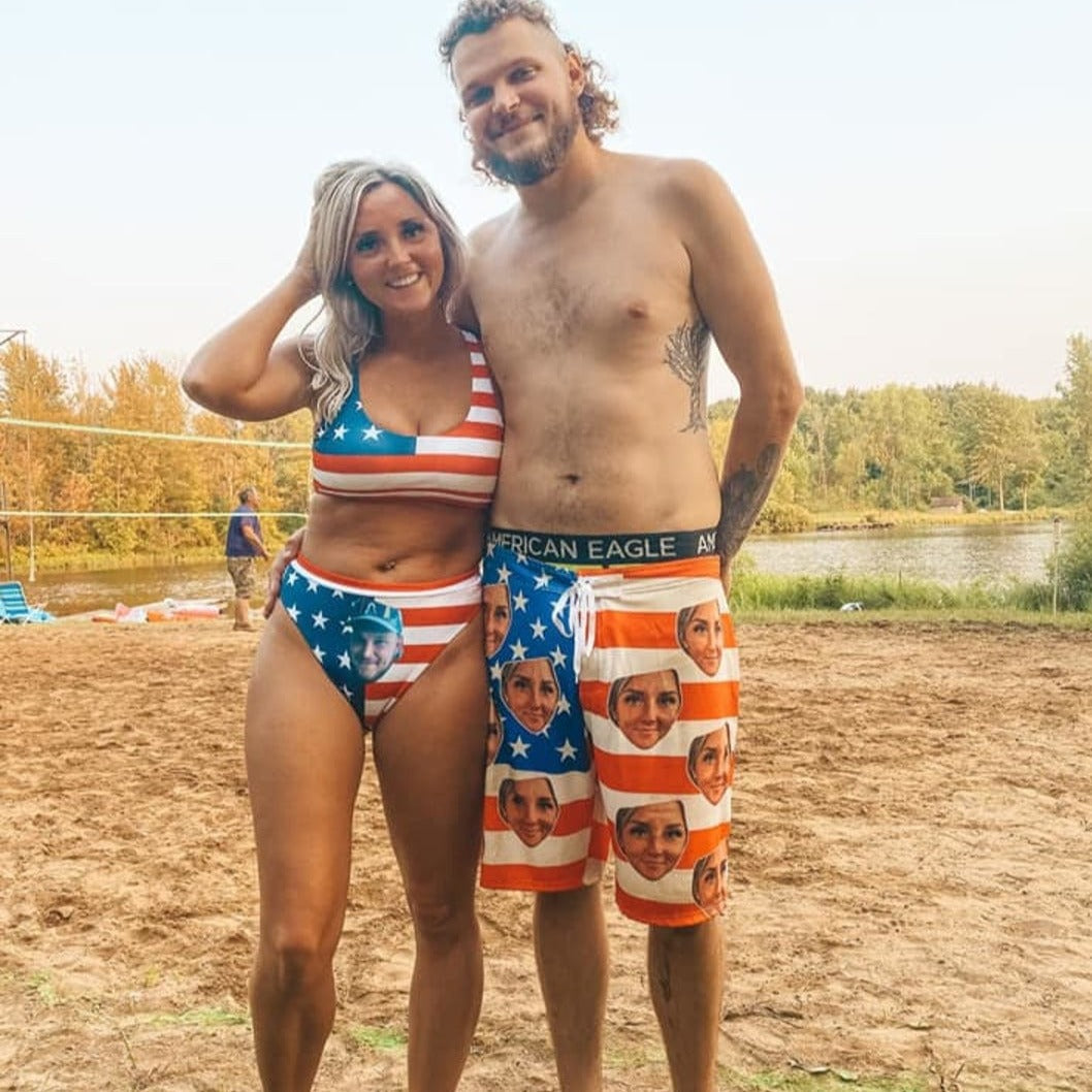 Custom Face Flag Couple Matching Swimsuit
