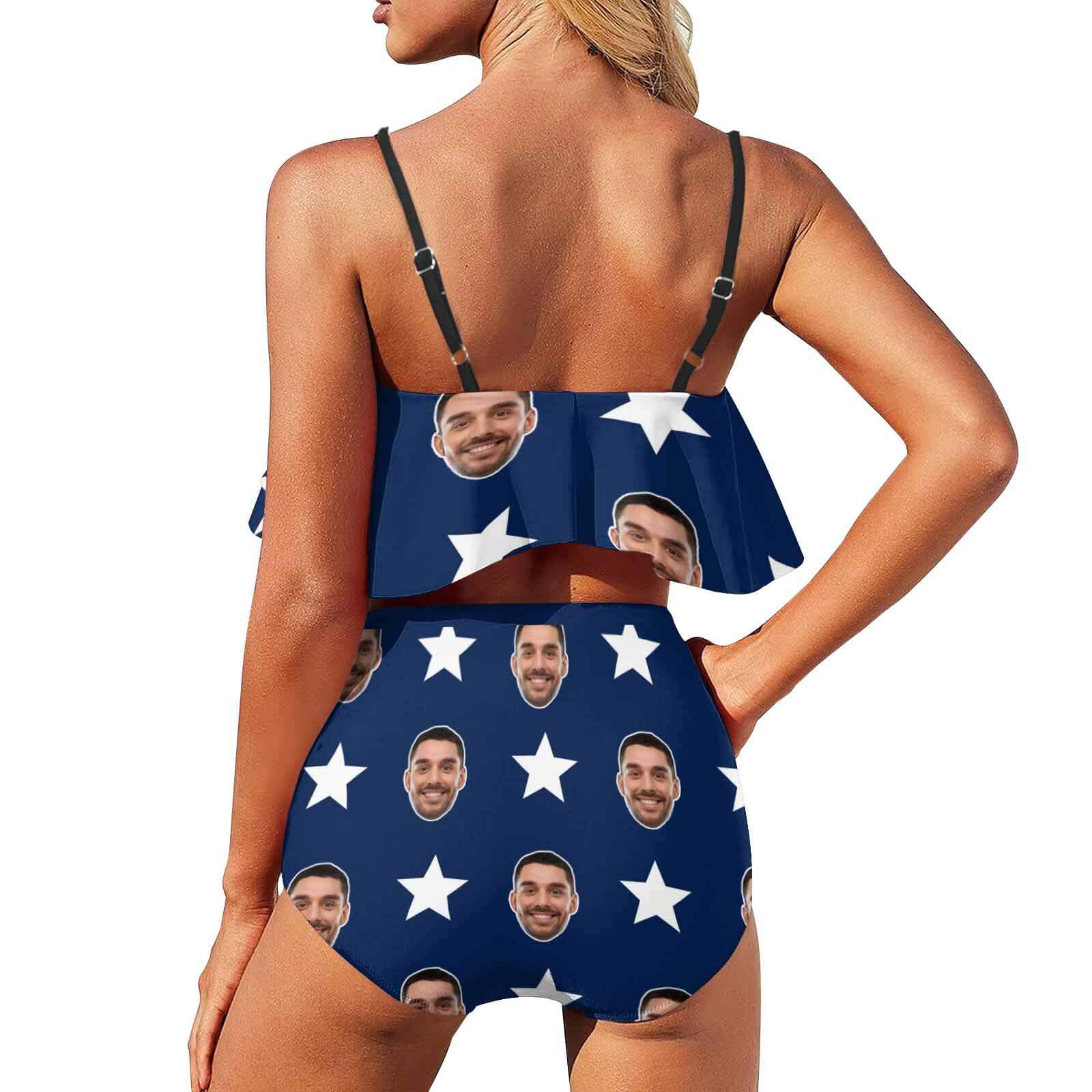 Custom Face Stripe Star Flag Couple Matching Print Swimsuit