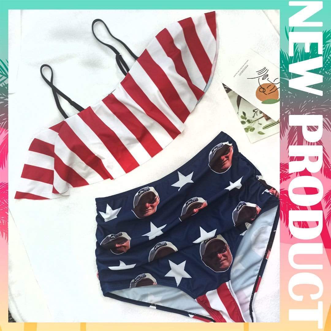 Custom Face Stripe Star Flag Couple Matching Print Swimsuit