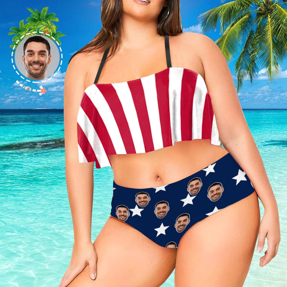 Plus Size Ruffle Bikini-Custom Face Stripe USA Flag