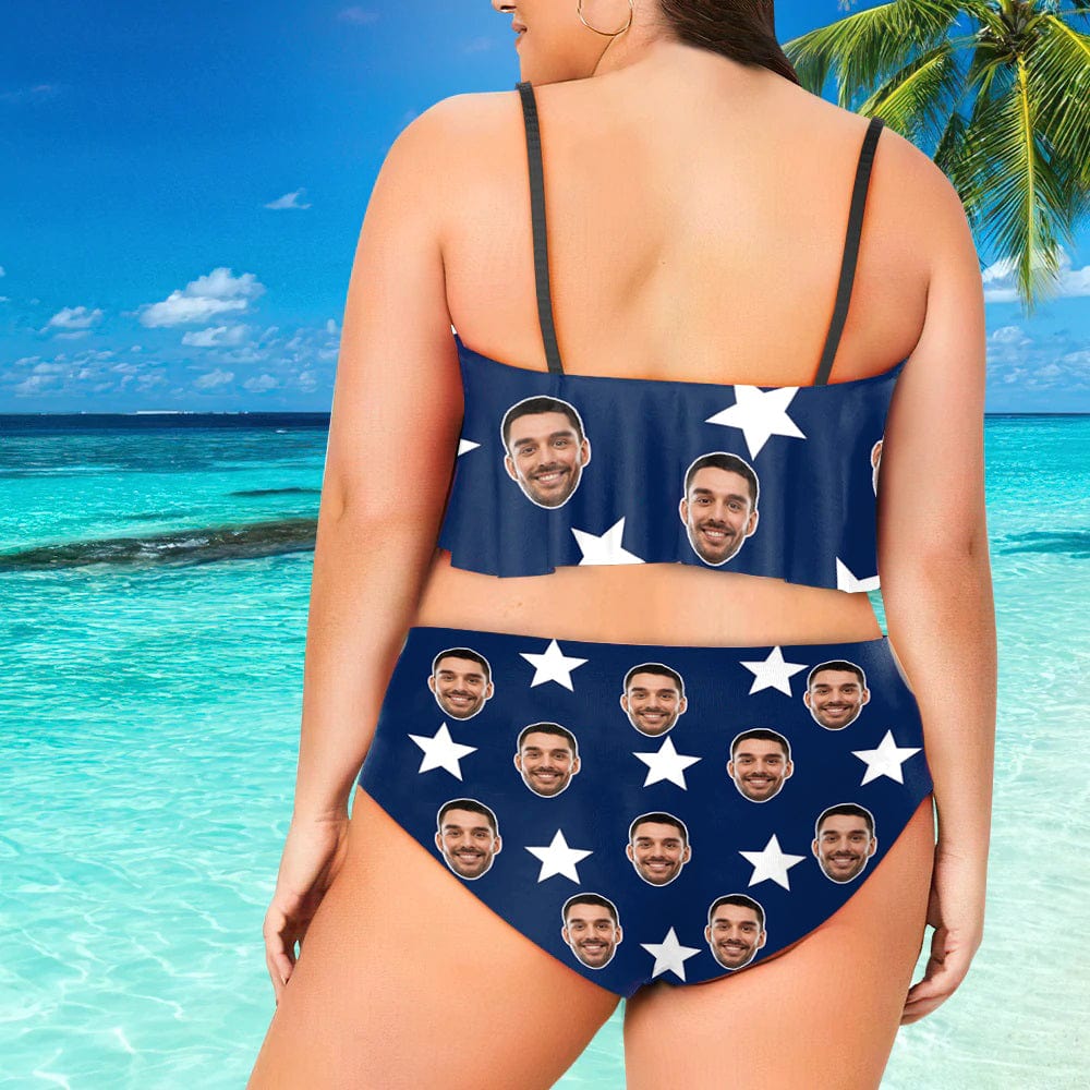 Plus Size Ruffle Bikini-Custom Face Stripe USA Flag