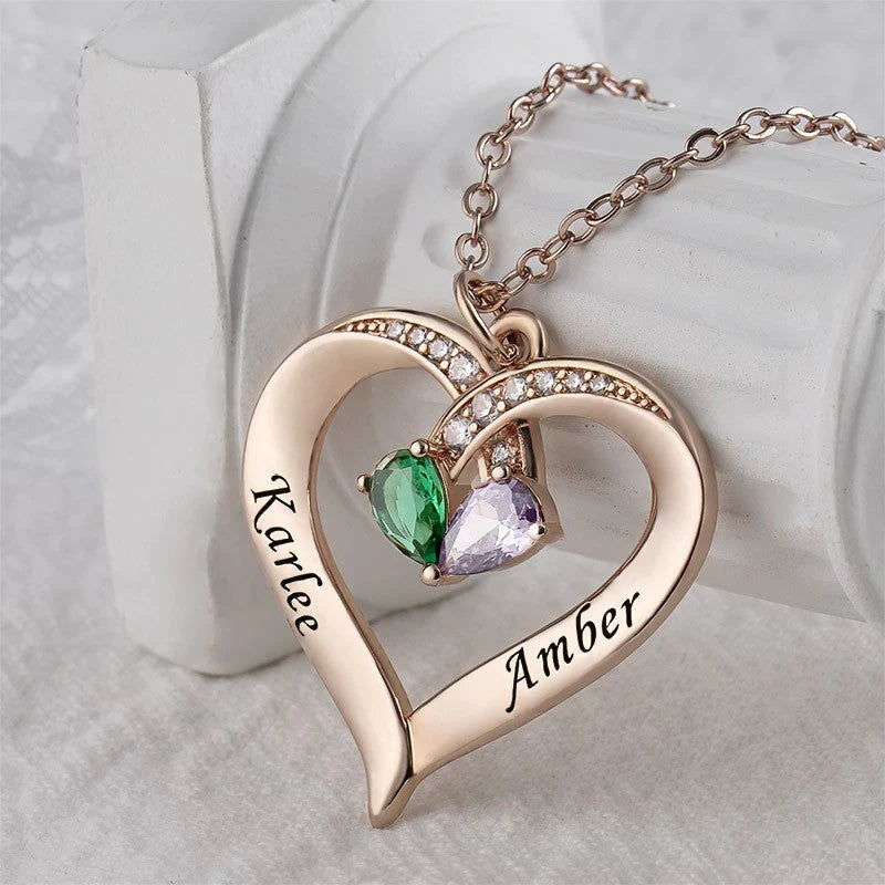 Custom Names Heart Necklace With Birthstones