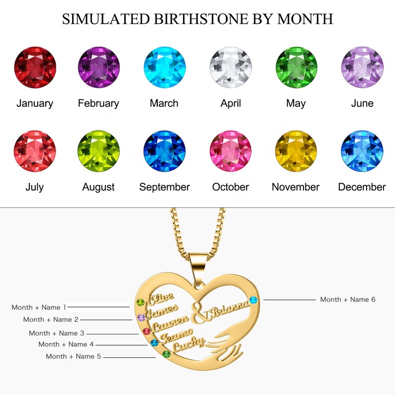 Custom Heart Hand Hug Necklace With Birthstones for Mom