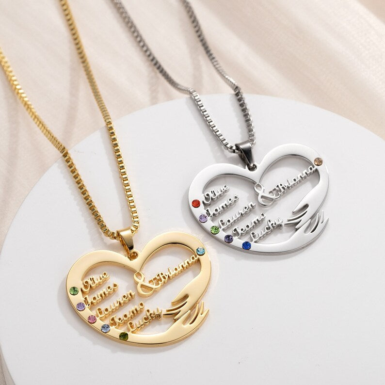 Custom Heart Hand Hug Necklace With Birthstones for Mom