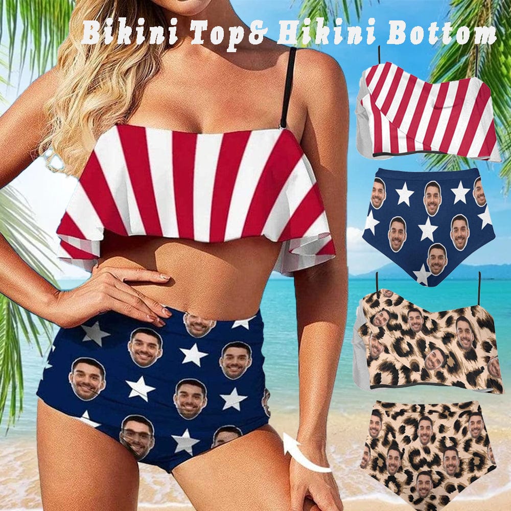 Custom Face Stripe Star Flag Ruffle Bikini